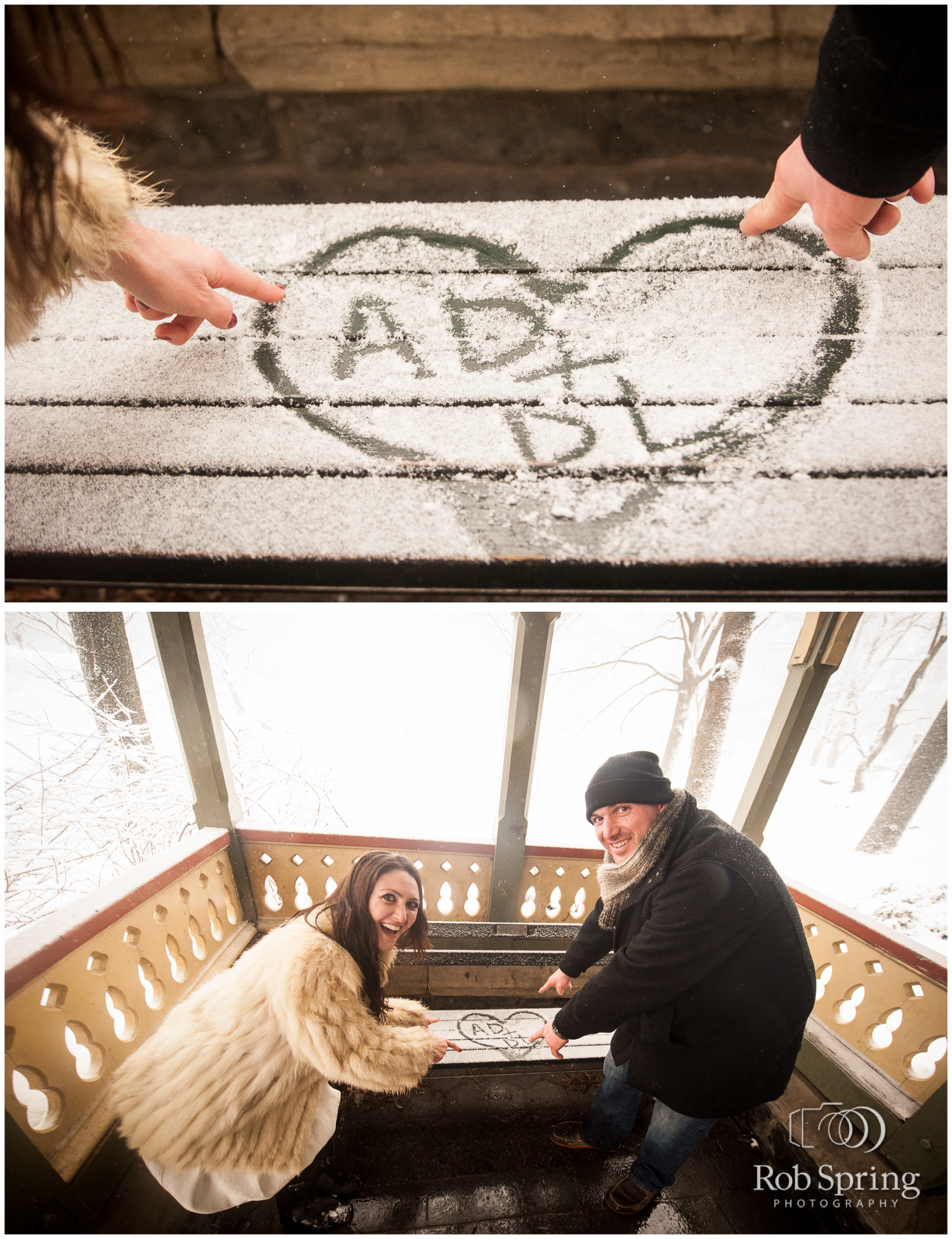 Couple writing initials in the snow