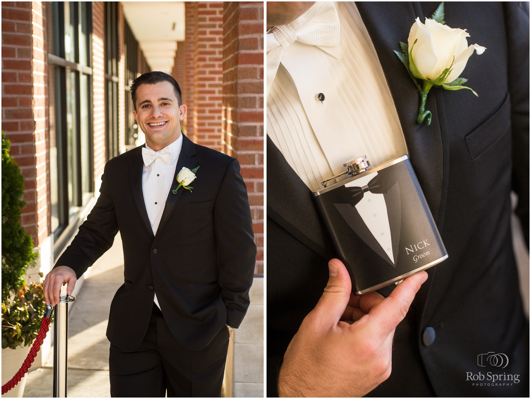 Groom with flask at Pavilion Grand Hotel, Saratoga Springs, NY wedding photographer | Canfield Casino wedding