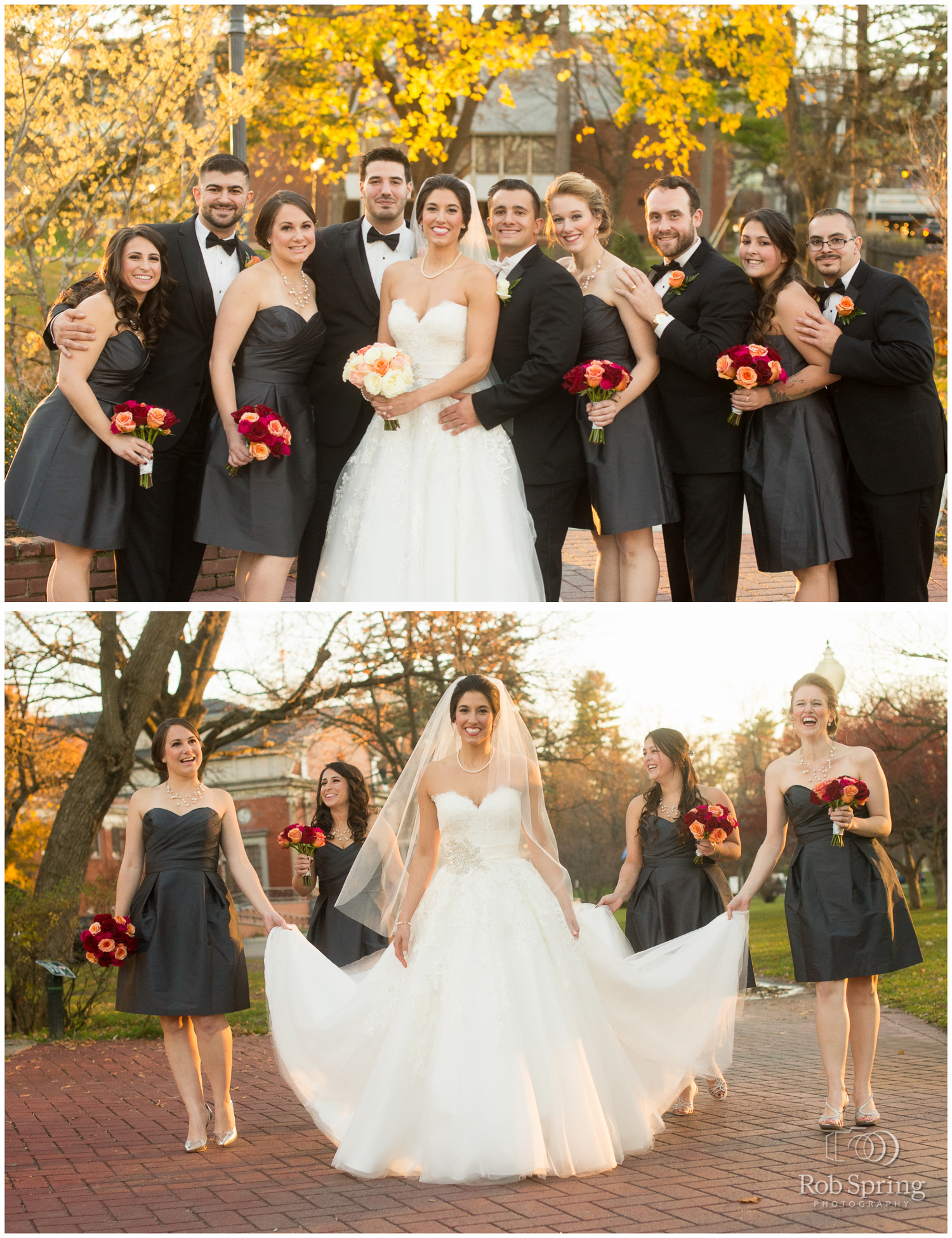 Fall foliage bridal party with gray knee length dresses