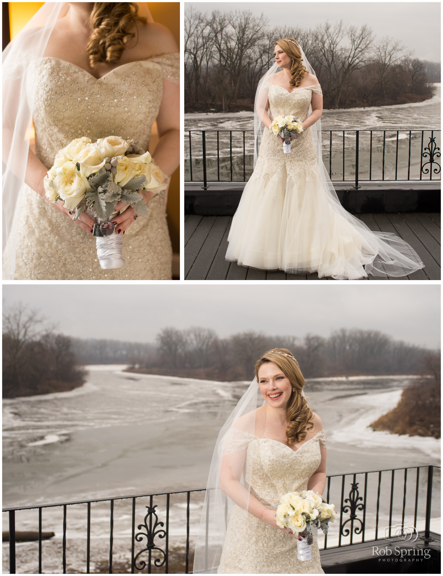 Beautiful bride with icy river at Glen Sanders Mansion wedding