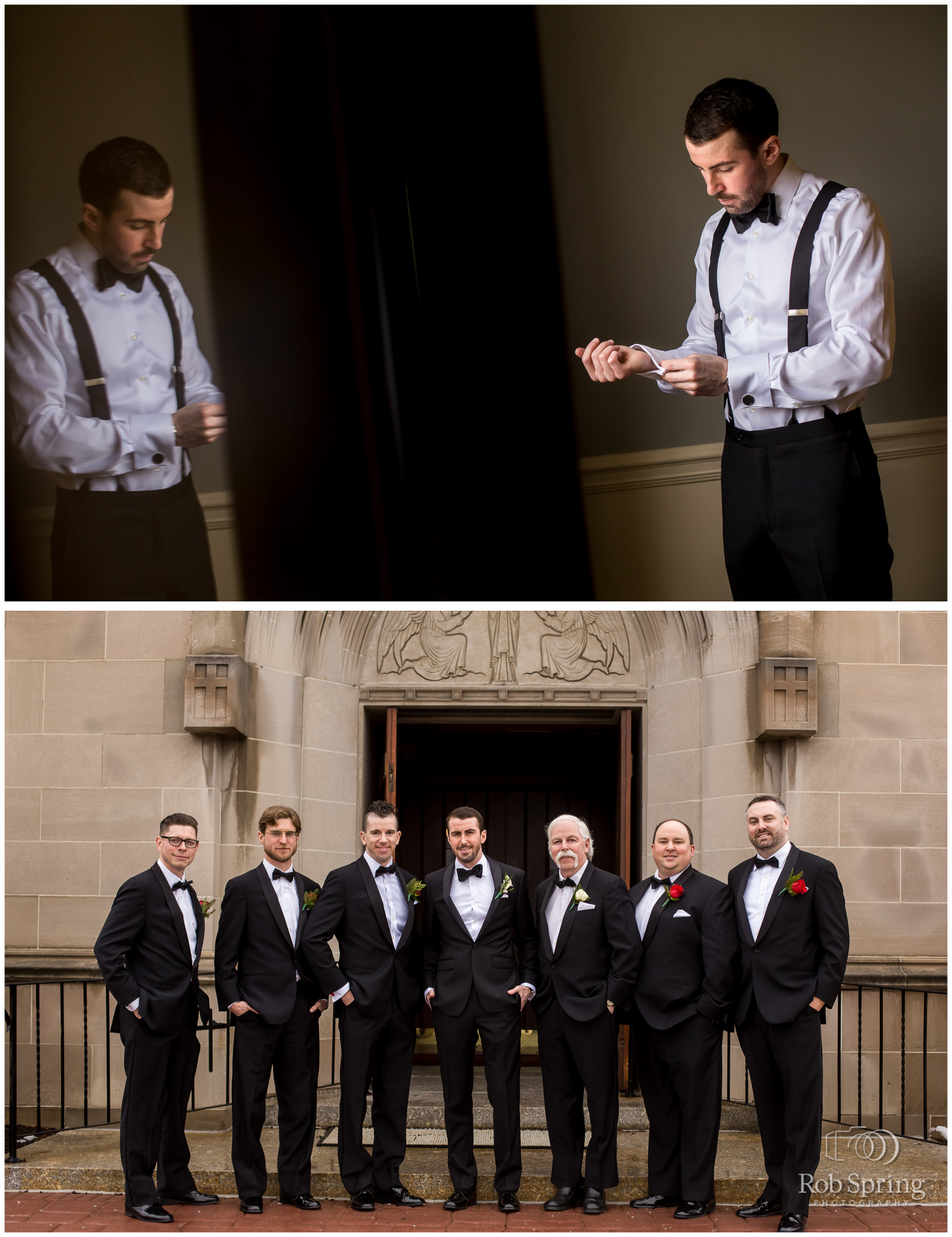 Groom getting ready and groomsmen with black tuxes | Glen Sanders Mansion Wedding photographer