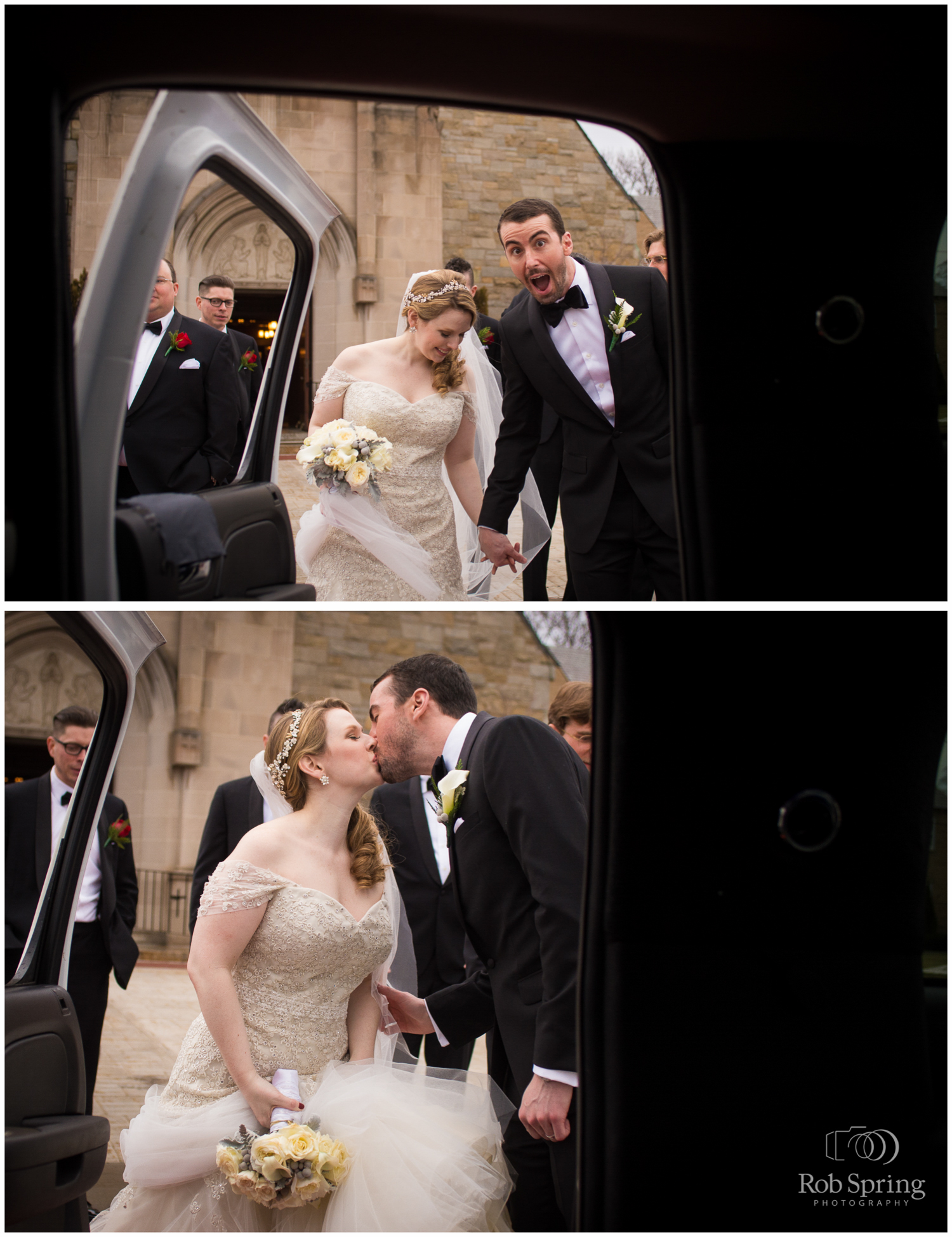 Funny groom getting in limo after church wedding | Glen Sanders Mansion Wedding photographer