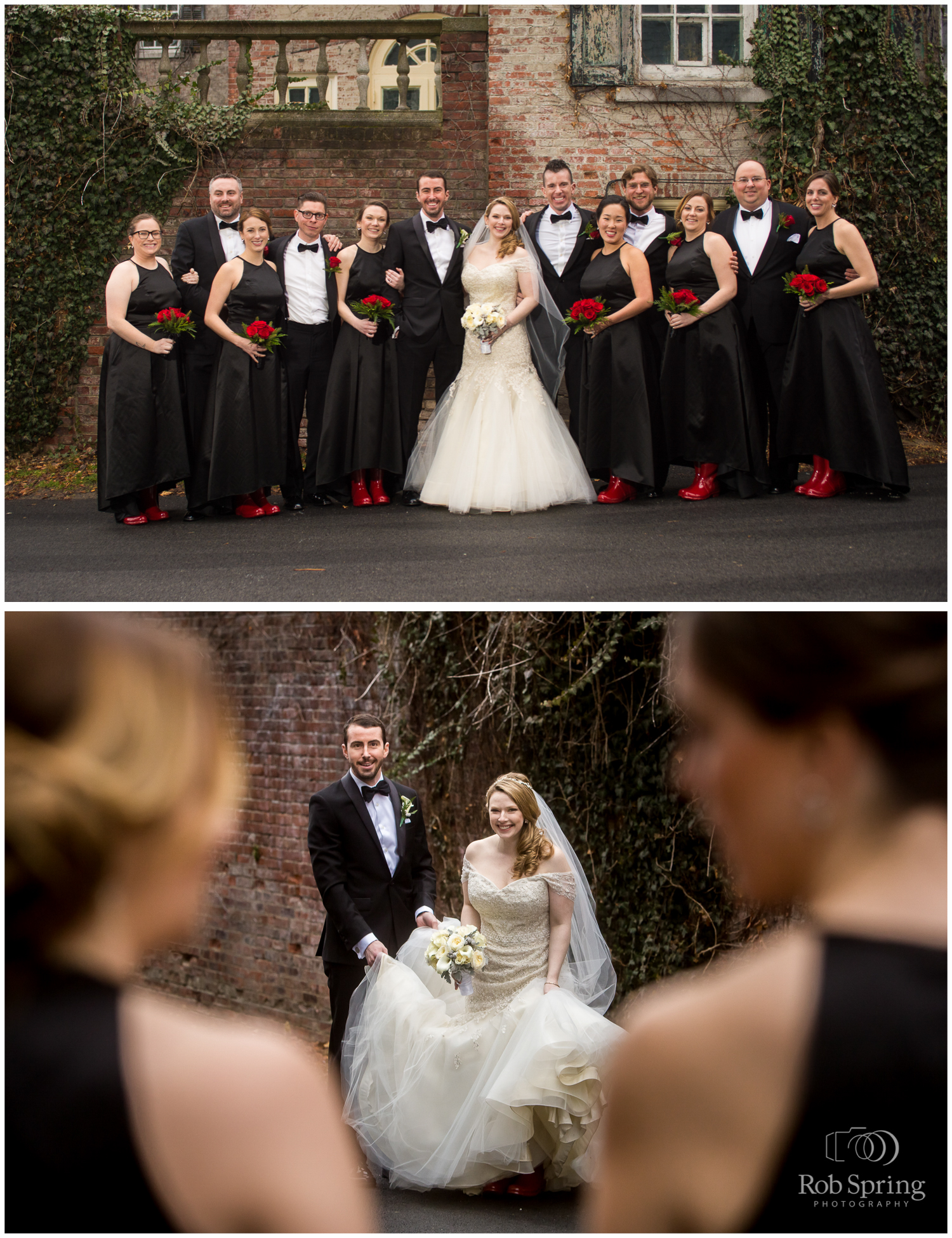 red uggs boots bridal party, red flowers, black bridesmaids dresses, winter Glen Sanders Mansion Wedding photographer