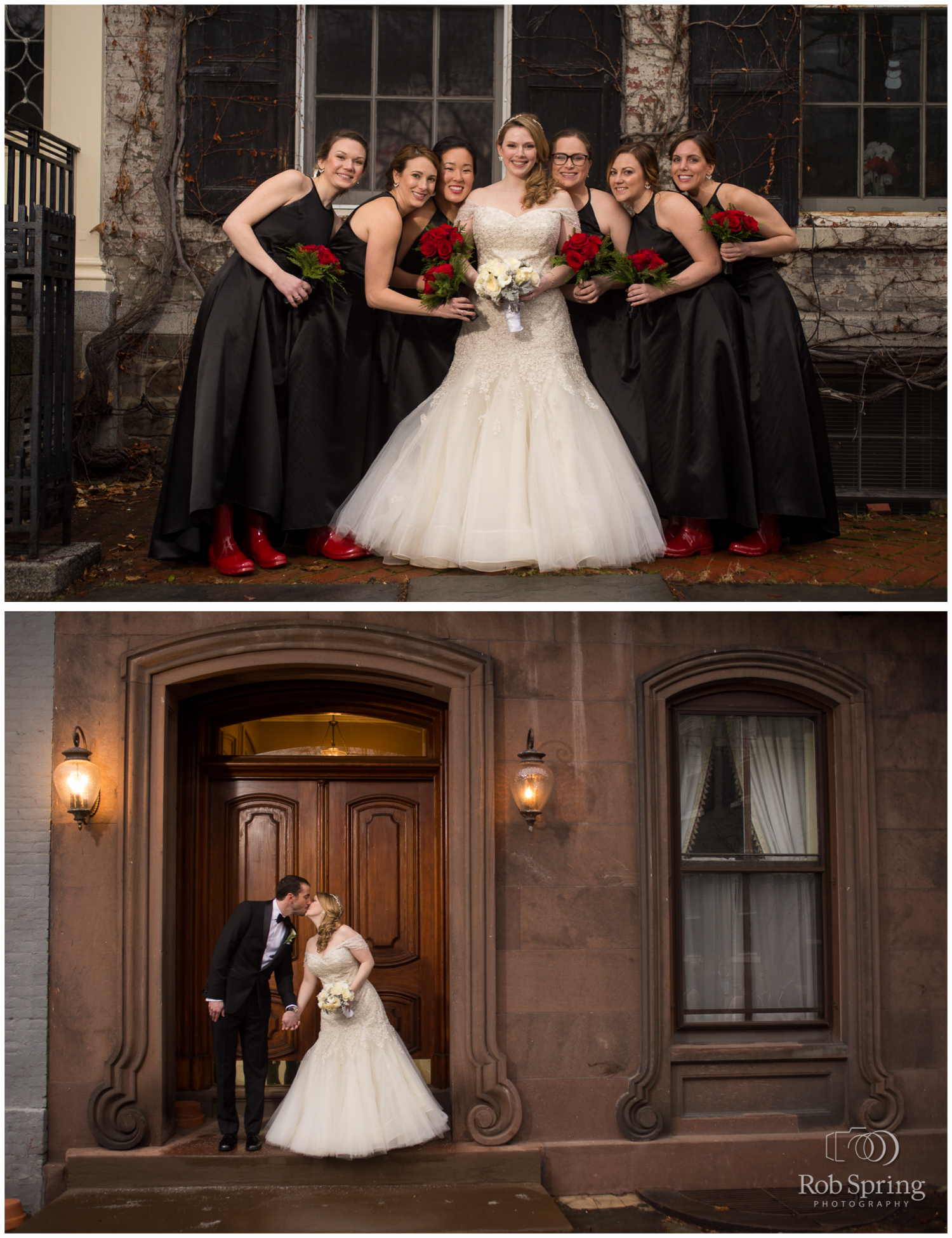 bridesmaids with red ugg boots and red flowers, black dresses | Glen Sanders Mansion Wedding photographer