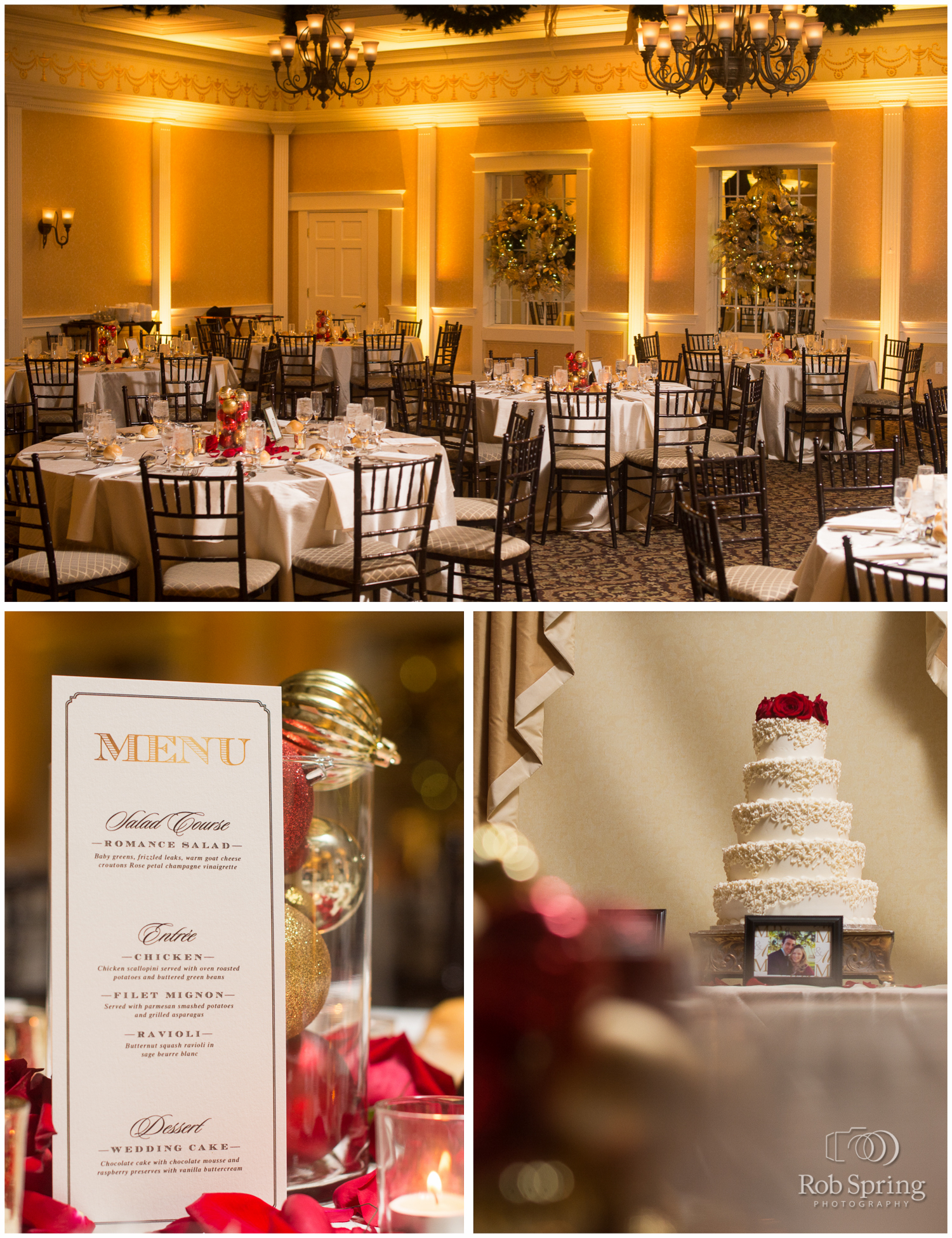beautiful reception details at Glen Sanders Mansion Wedding, red, Christmas