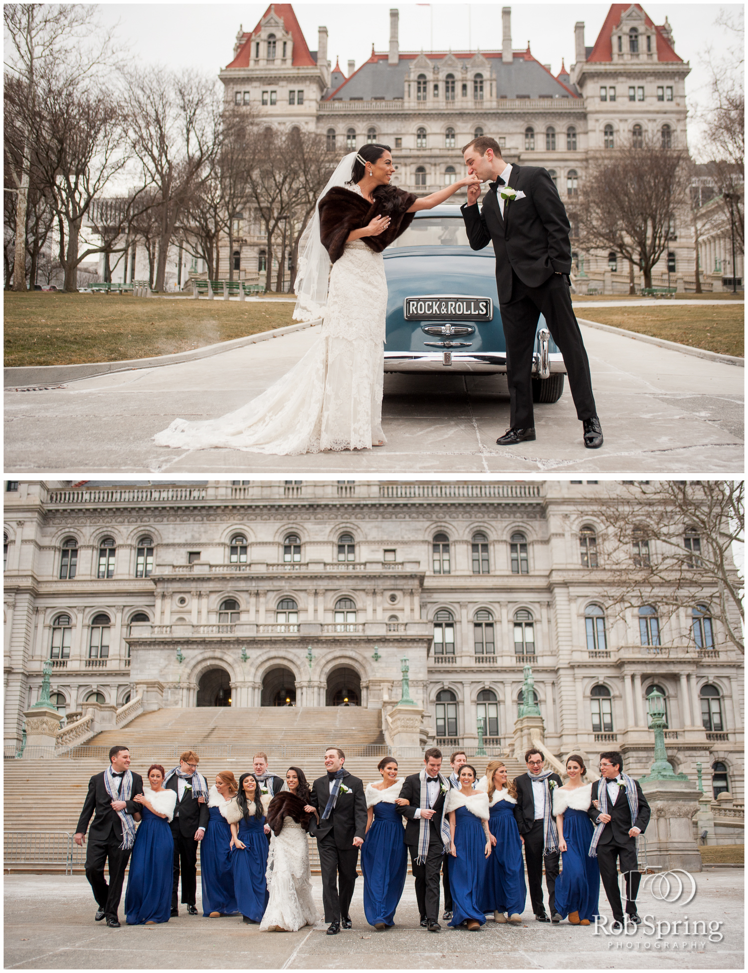 Bridal Party at Albany State Capitol, winter wedding photos, blue dresses