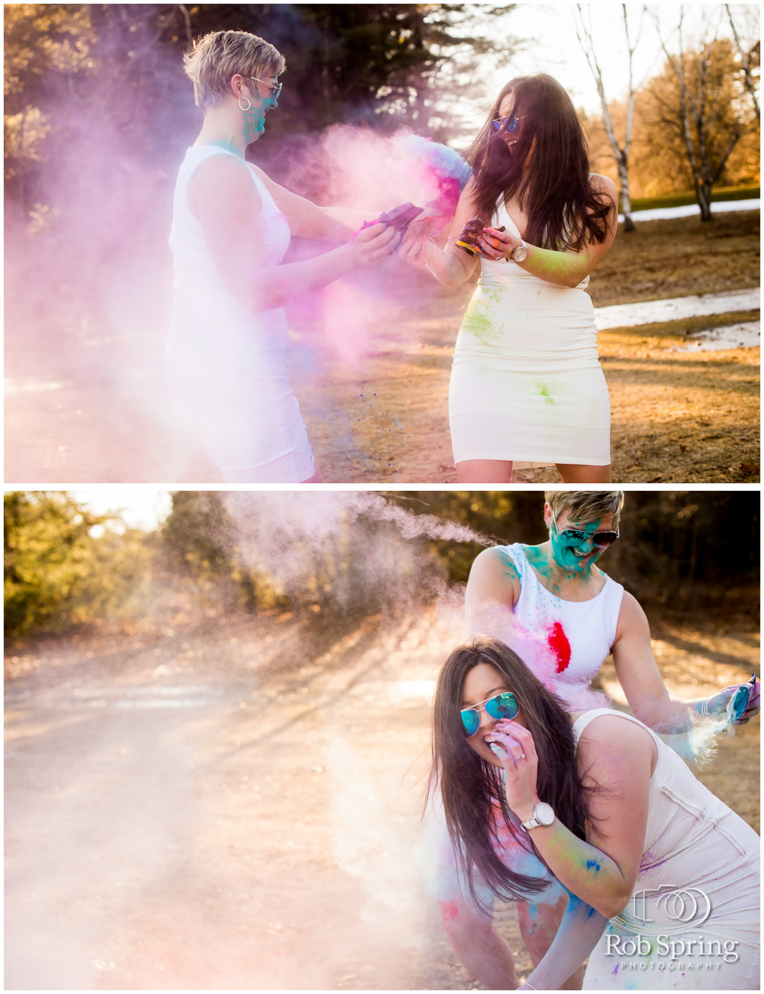 Lesbian couple throws powdered paint on white dresses during engagement session