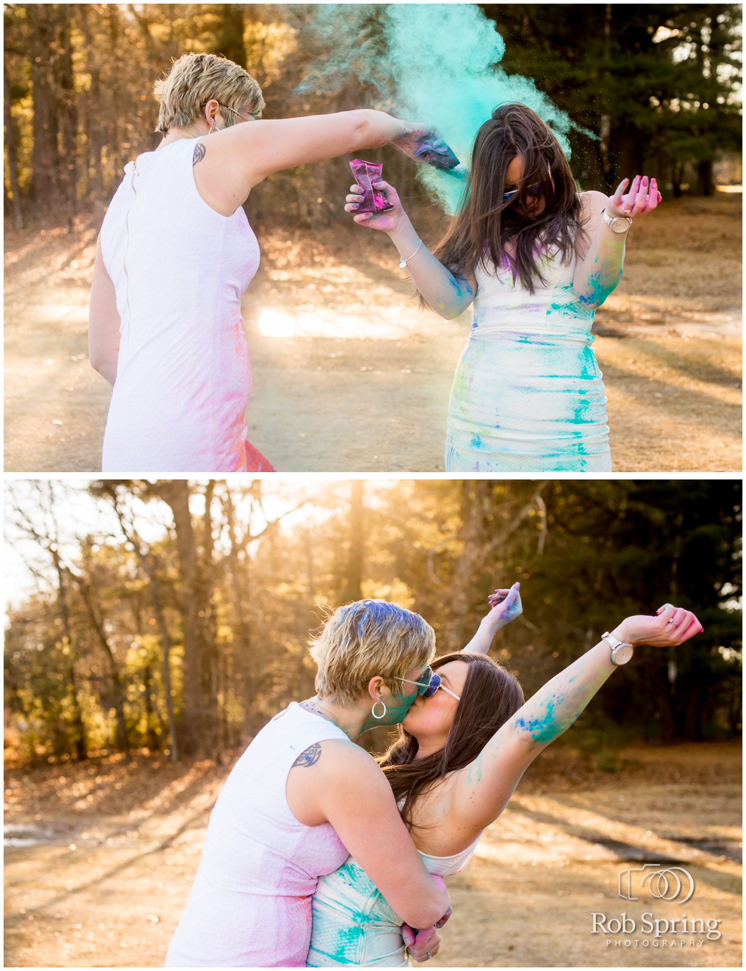 Lesbian couple throws powdered paint on white dresses during engagement session
