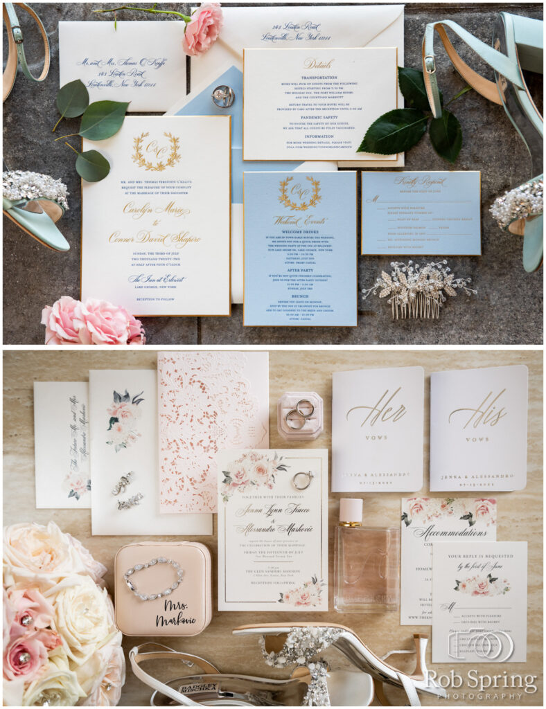 Wedding details on your wedding day, beautiful flat lay of wedding details, wedding invitations, wedding dave the dates, vow books, jewelry, shoes