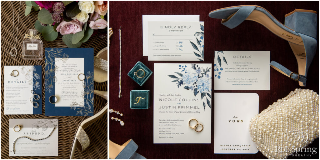 Wedding invitation flat lay, wedding shoes, wedding details, wedding jewelry, vow books. Details for your wedding day. Bridal suite ideas