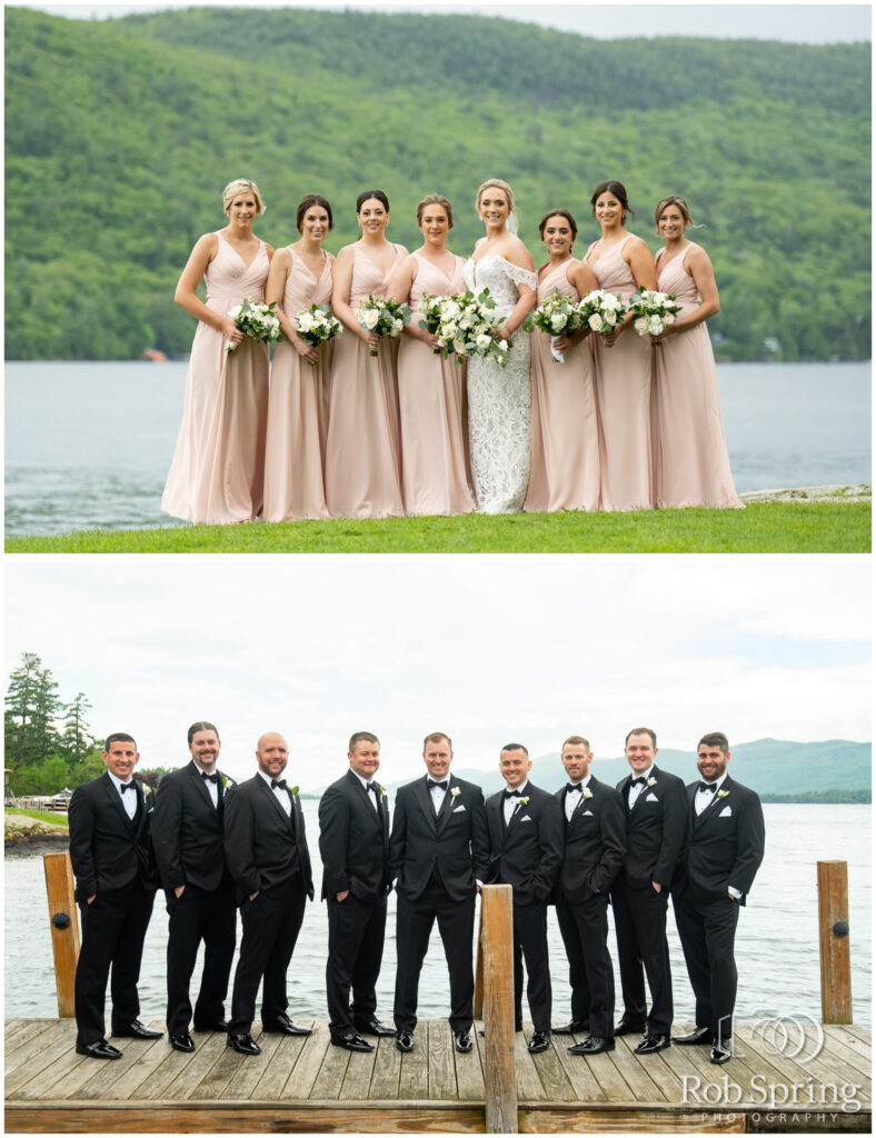 Bridal party, Bridesmaids, groomsmen, Lake George, Dock, Wedding day